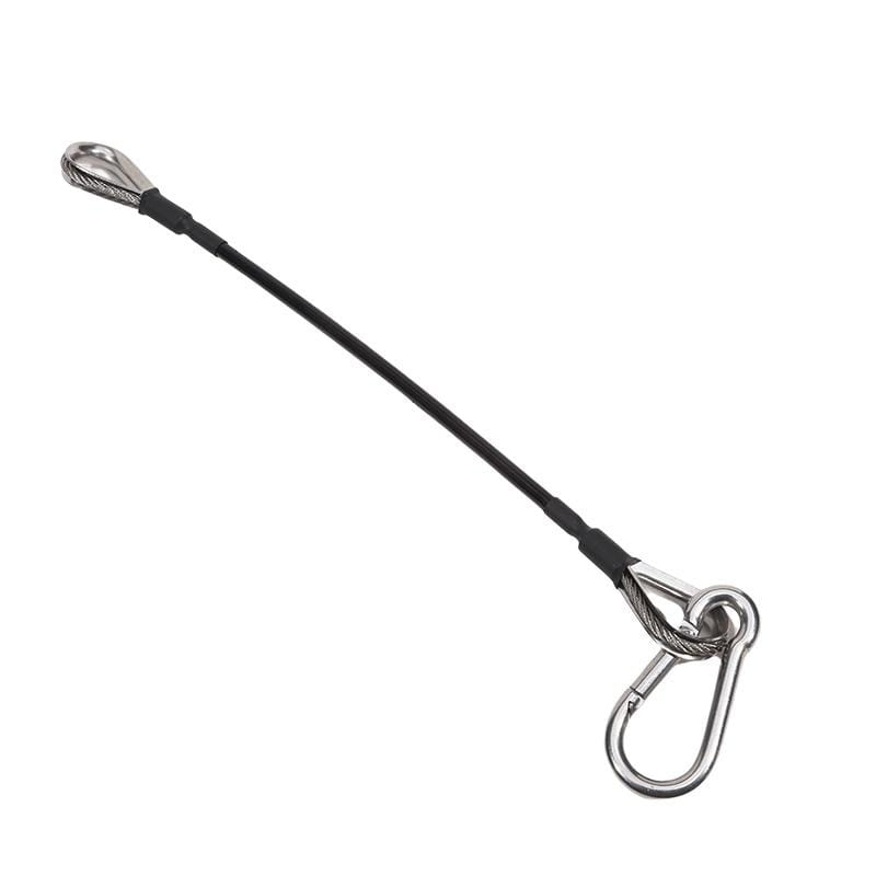 Gym cable extension made of silver stainless steel cable with black protective sheath and reinforced ends featuring a carabiner clip for home gym machines.