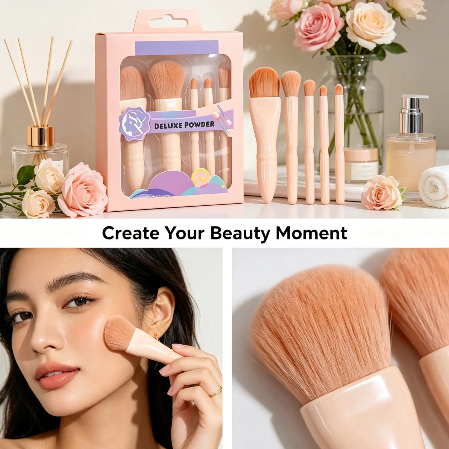 Pinceau à poudre de qualité supérieure : ensemble complet de 5 pinceaux de maquillage avec des manches couleur pêche et des poils doux et duveteux dans un emballage rose et violet, fabriqués sur le territoire continental de Chine.