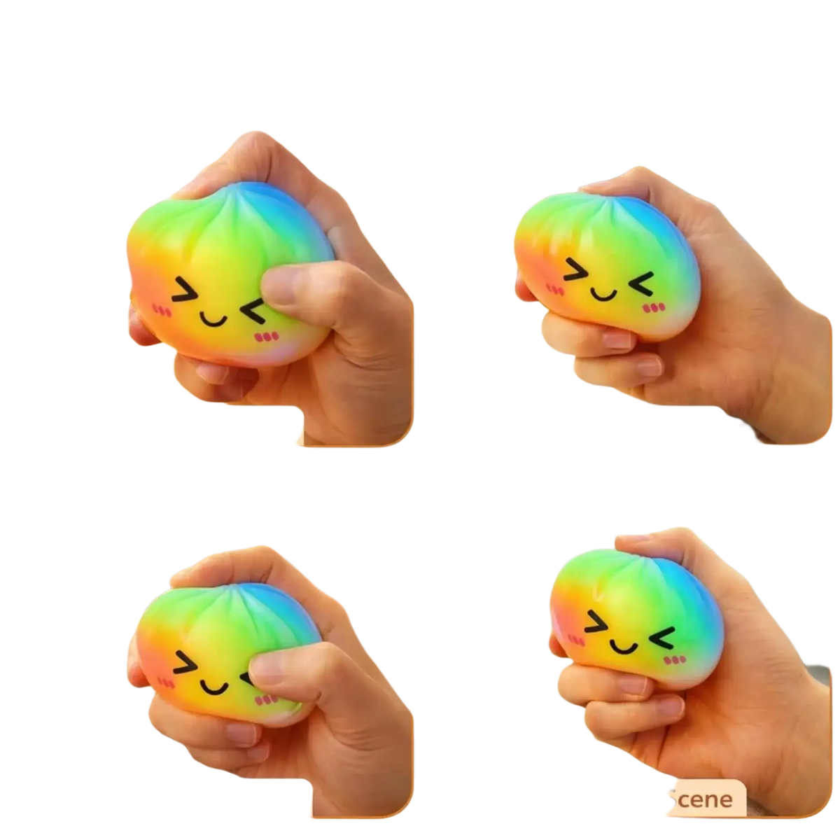 Front view of a rainbow-colored dumpling squishy stress relief toy with a smiling face design