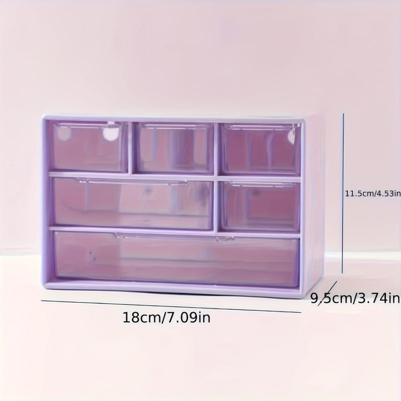 Organisateur de bureau en plastique violet avec six tiroirs transparents disposés en deux rangées de trois, pour un rangement lisible et un accès facile.
