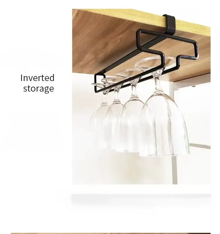 black metal wine glass rack designed as an under shelf basket storage rack and metal cabinet organizer for efficient kitchen storage.