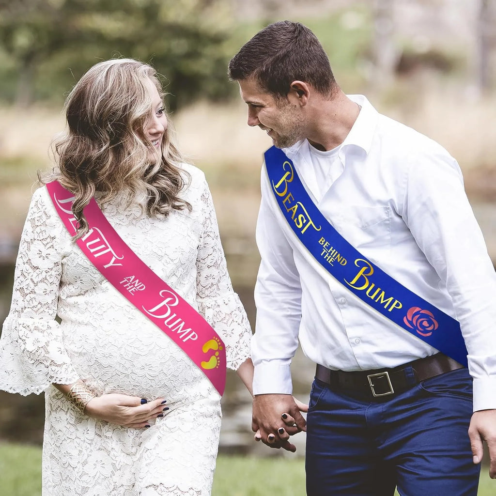 Mom to Be & Dad to Be Baby Shower Sash - Beauty and the Bump Sash | Beast Behind The Bump Sash for Gender Reveal Party Decoratio