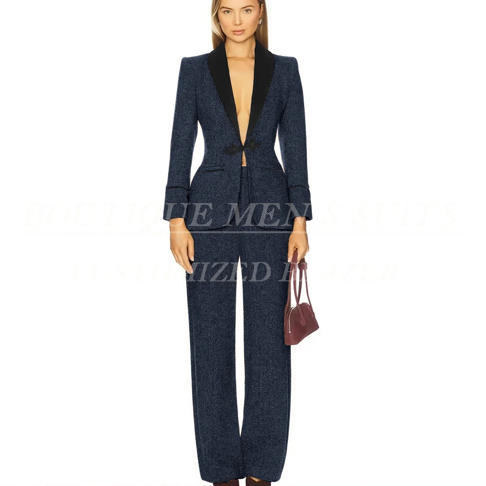Formal Women's Suits Tweed Single Button Shawl Lapel Slim Fit 2 Piece Jacket Pants Luxury Office Lady Female Clothing Outfits