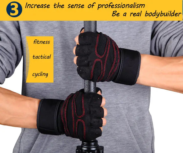 Schwarz-rote fingerlose Gewichthebergunschuh-Handschuhe mit verstärkter Ziernäharbeit auf der Rückseite, für Fitness-Training, taktische Nutzung und zum Radfahren