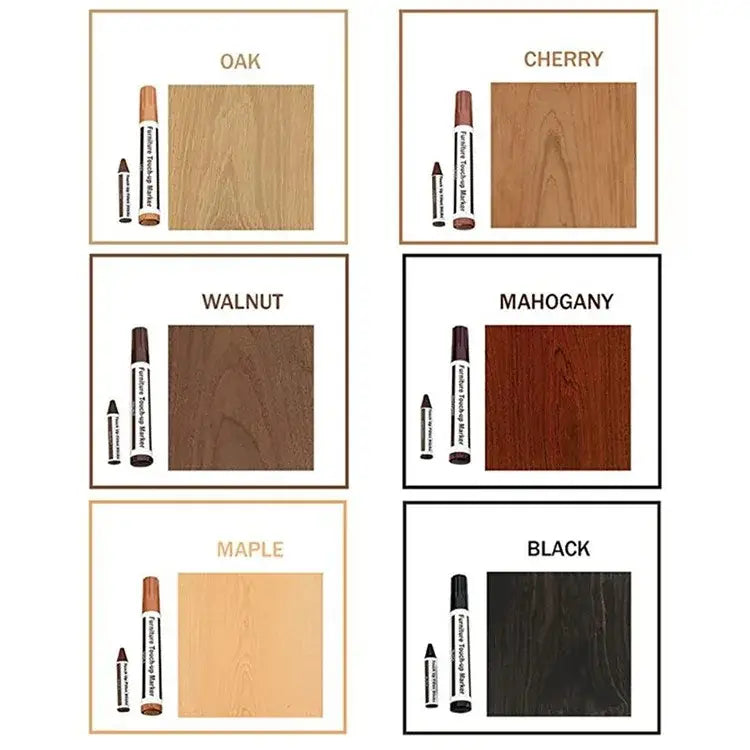 Das Bild zeigt sechs Optionen für Holzoberflächen mit Musterplatten und Markern in einem Möbelreparierstift-Holzkratzer-Set, das entwickelt wurde, um Holzkratzer wiederherzustellen und zu verbergen.