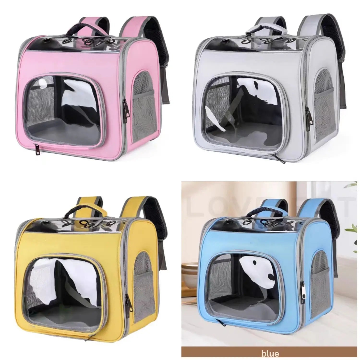 Sacs à dos de transport pour animaux rose, gris et jaune en tissu Oxford, avec panneaux avant transparents et côtés en maille pour les petits chats et les petits chiens
