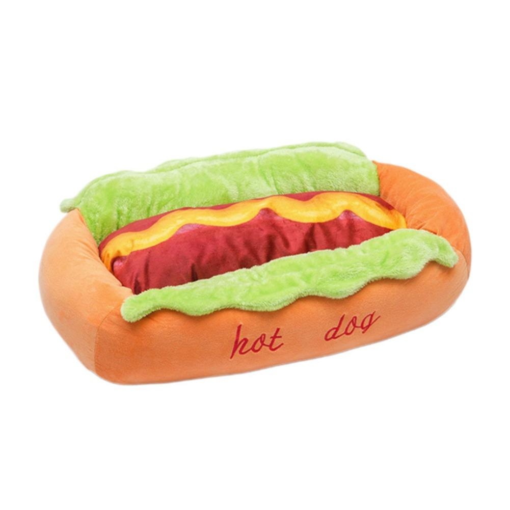 Plüsch-Hot-Dog-förmiges Hundebett für kleine Hunde: mit orangefarbenem Brötchen, grünem Salat und roter Wurst mit gelben Senf-Highlights als bequemer Ruheplatz.