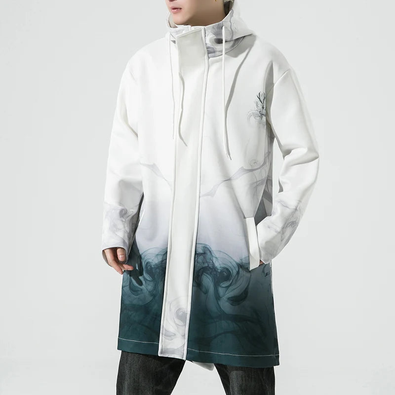 Streetwear Men's Hooded Jacket Long Oversized Trench 2024 Men  Long Trench Casual Printed Men Woman Jacket Coat Fashion Clothes