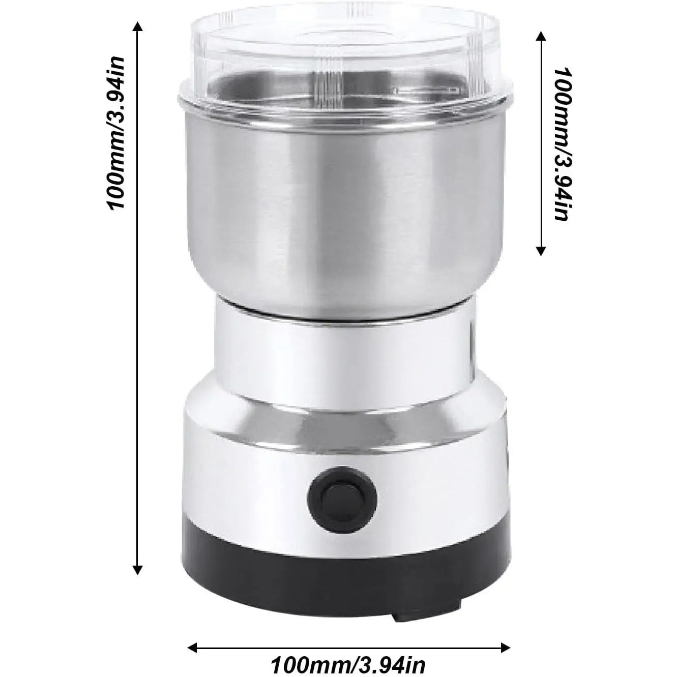 Stainless steel electric coffee and spice grinder blade mill with clear plastic lid and black base for efficient grinding.