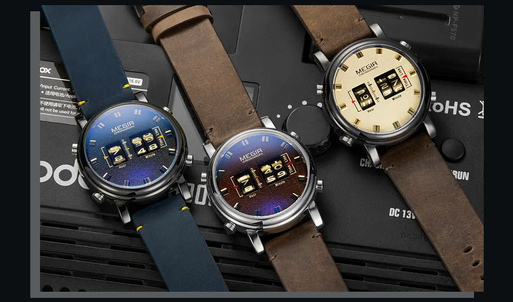 Three Megir military quartz watches with distinct blue, brown, and cream faces and brown leather straps displayed together.