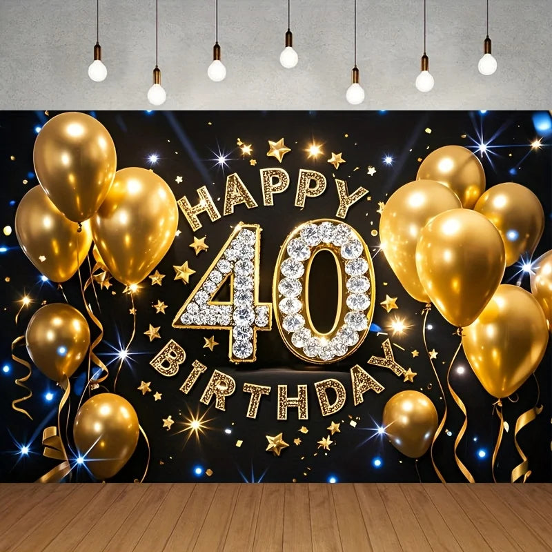 1 40th birthday background cloth - black gold glitter studio background with gold balloons and stars