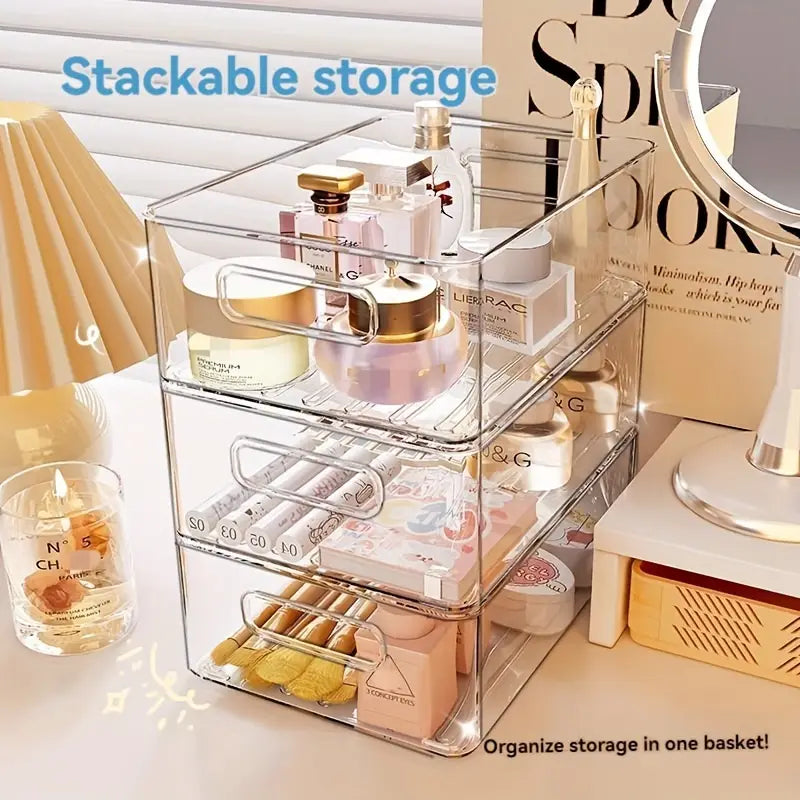 Organisateur de rangement en plastique empilable transparent en acrylique transparent, avec trois niveaux et des poignées métalliques argentées ; produit réel fabriqué dans la partie continentale de la Chine.