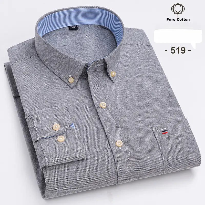 chemise habillée Oxford en coton 100 % pour hommes, coupe slim, grise, avec tissu texturé, col intérieur à rayures bleu clair et boutons beige.