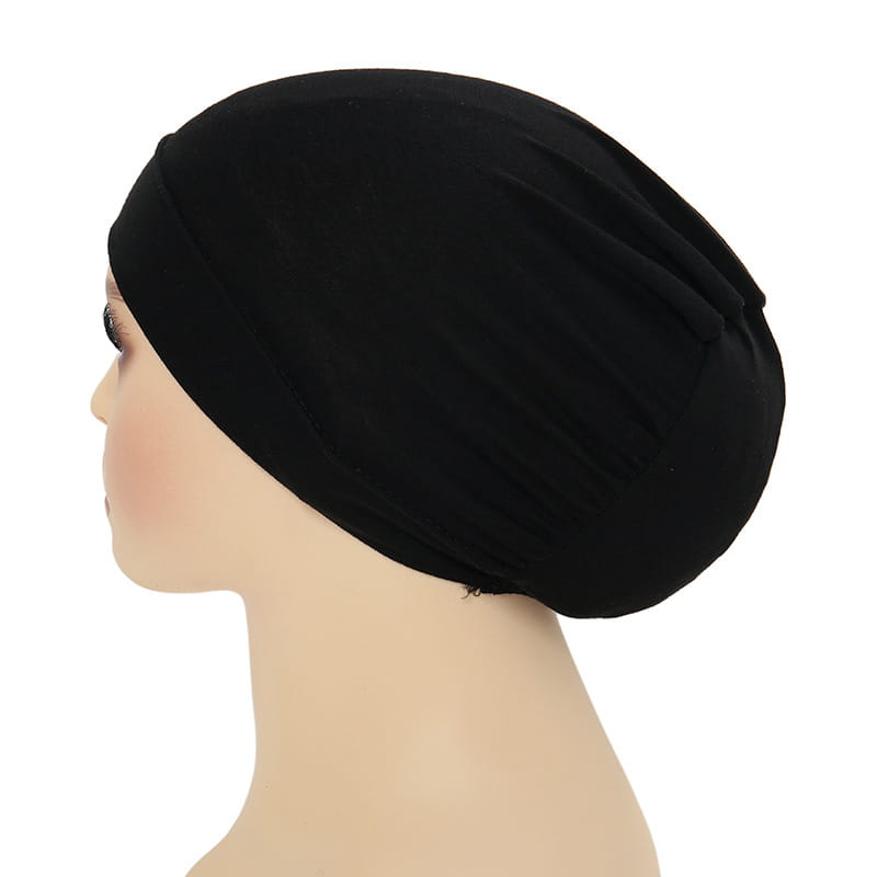 black stretchy fabric head wrap made of jersey material shown from the back as part of a stretchy jersey hijab cap and turban set