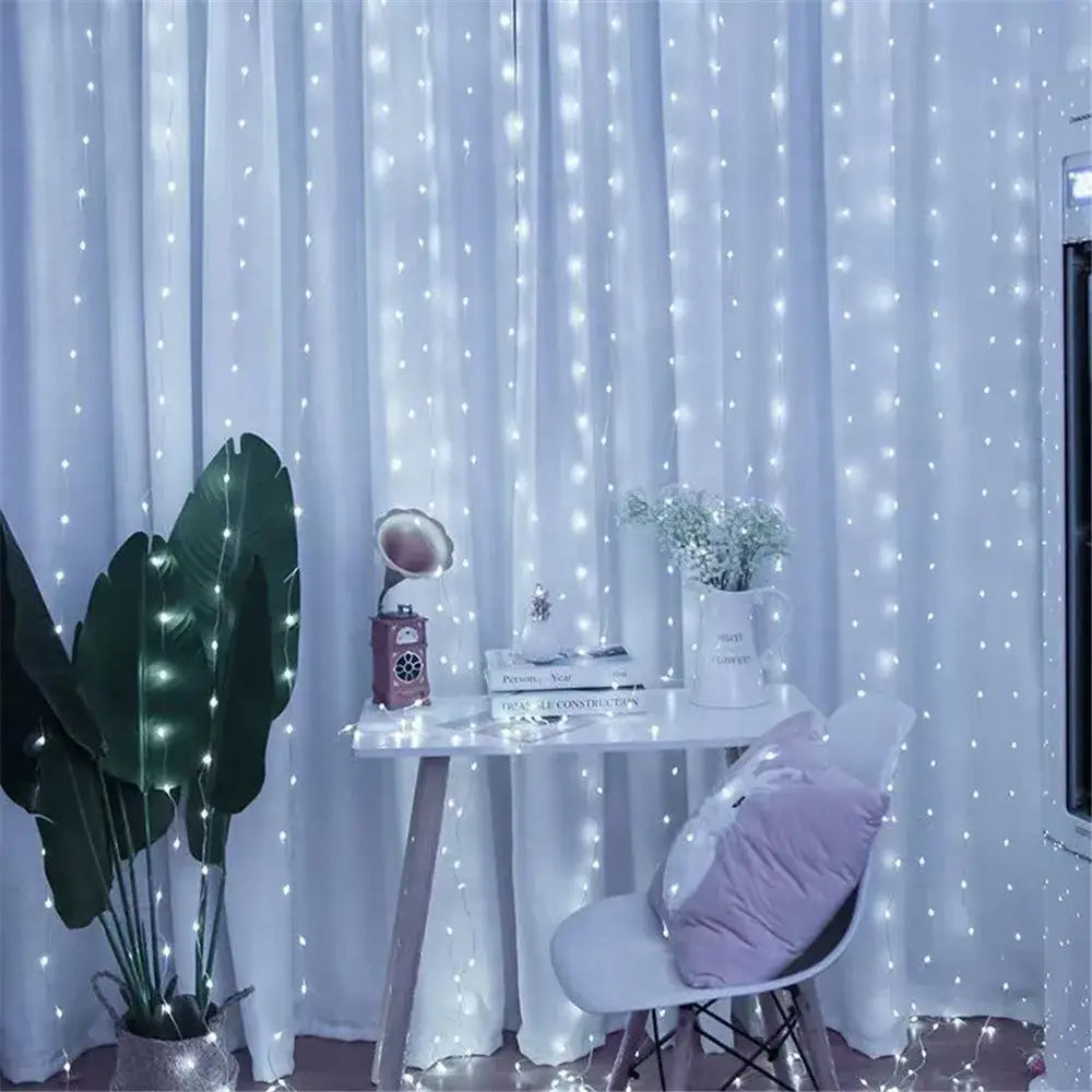 led curtain fairy lights usb remote bedroom decor showing white sheer curtain adorned with string lights creating a soft glowing ambiance.