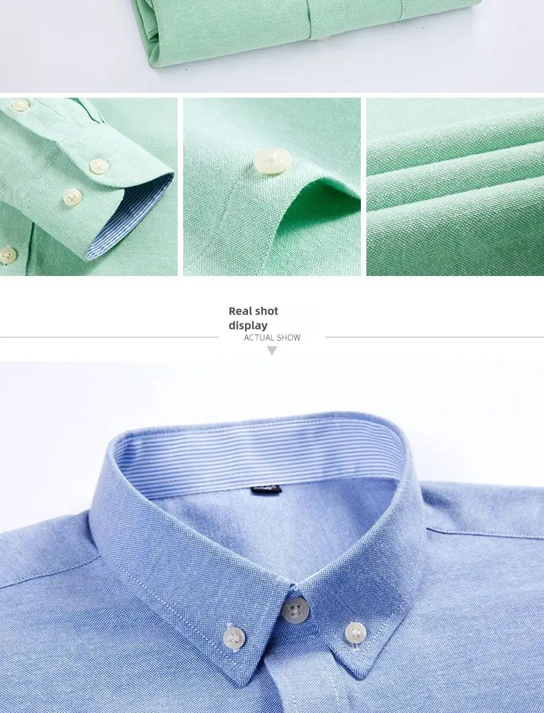 Mens light blue Oxford shirt with subtle textured weave, crisp collar and cuffs, matching buttons, casual long sleeve design.