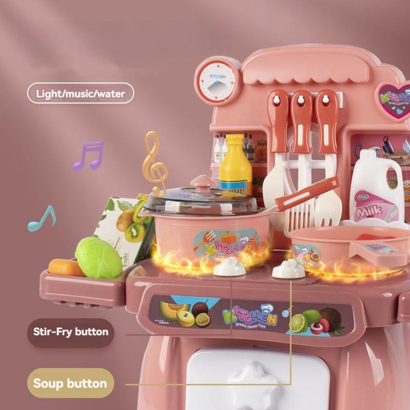 Rosa Kunststoff-Spielzeug-Küchen-Spielset mit Licht- und Soundeffekten, orangefarbenen Utensilien und farbenfrohen Aufklebern mit Lebensmittelmotiv für fantasievolles Spiel