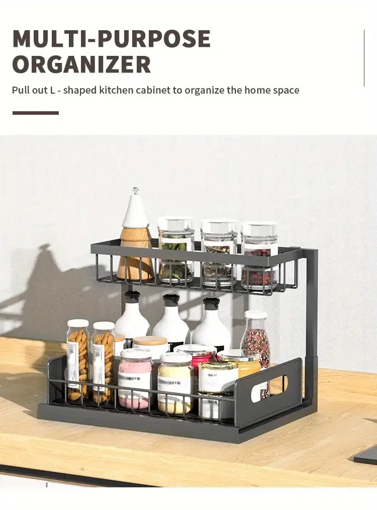 Organisateur d’évier en forme de L noir en métal, extractible, avec deux niveaux pour ranger bocaux et bouteilles, conçu pour une utilisation dans les placards de cuisine et de salle de bains.