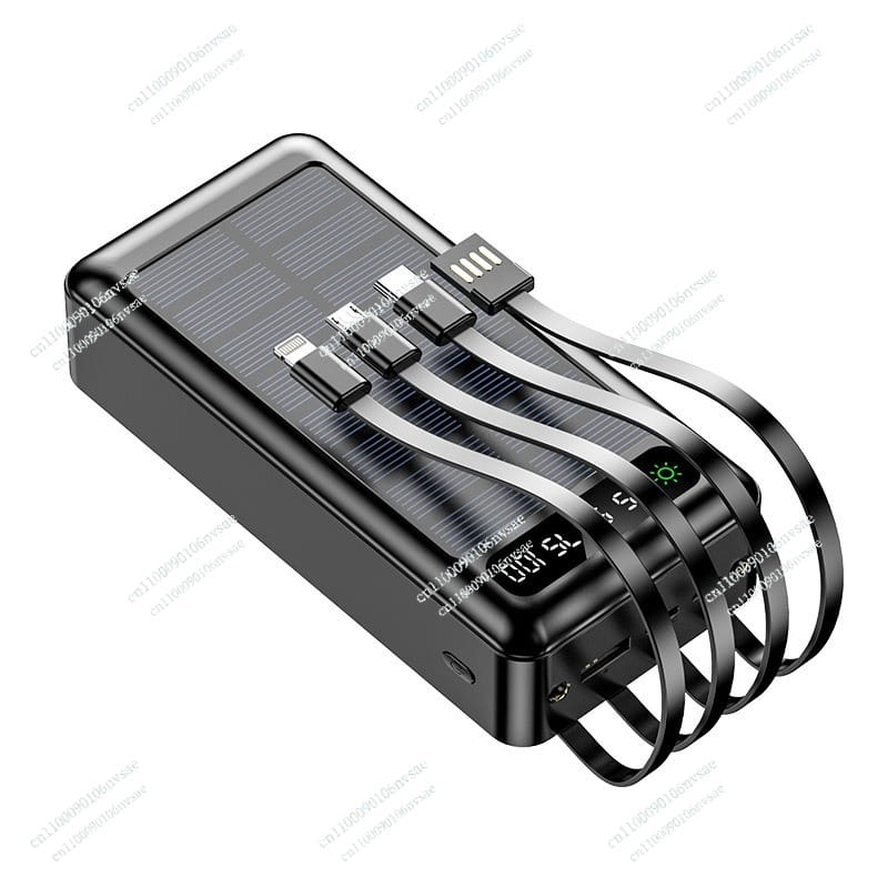 Black rectangular solar-powered portable charger with multiple USB ports and digital display designed for fast charging with 5000mAh capacity.