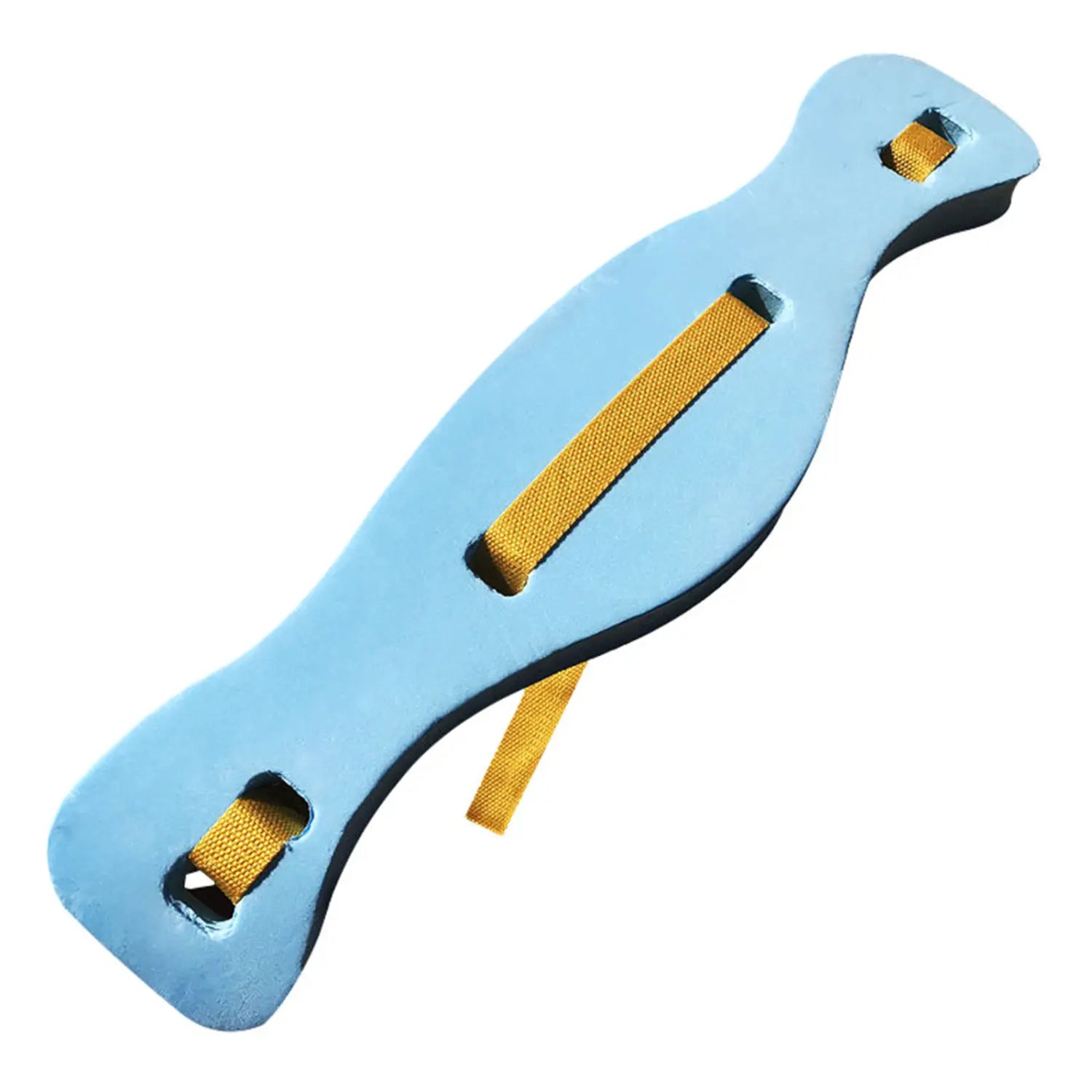 Light blue foam swim buoyancy belt with yellow webbing straps adjustable training float for swimming practice.