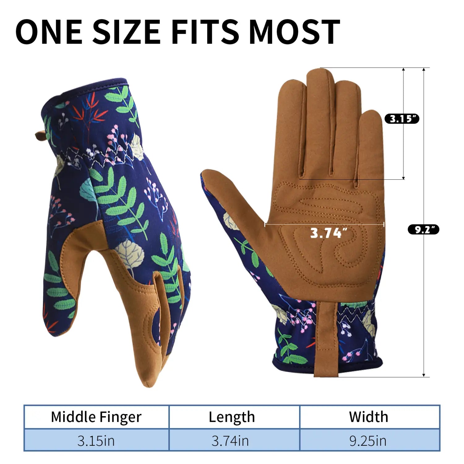 Lot de gants de jardinage floraux pour femmes, comprenant un tissu bleu marine respirant avec des imprimés botaniques verts et blancs, et un cuir tan renforcé sur la paume et les doigts pour une protection anti-épines.