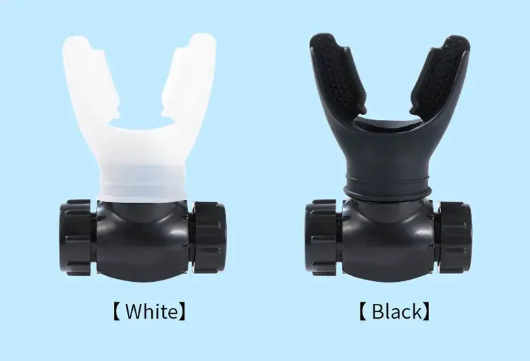 White and black silicone snorkel mouthpieces with textured grip surfaces for respiratory trainer lung fitness device.