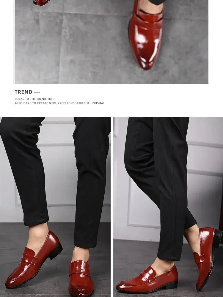 Shiny red patent leather men leather business dress shoes with a classic slip-on design and black rubber soles.