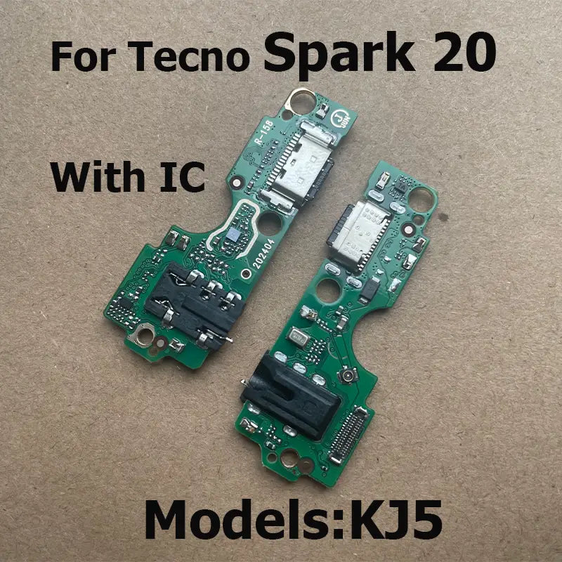 Green circuit boards with integrated black plastic usb charging dock and charging ports for usb charging flex cable designed for Tecno Spark 20 Pro Plus smartphones.