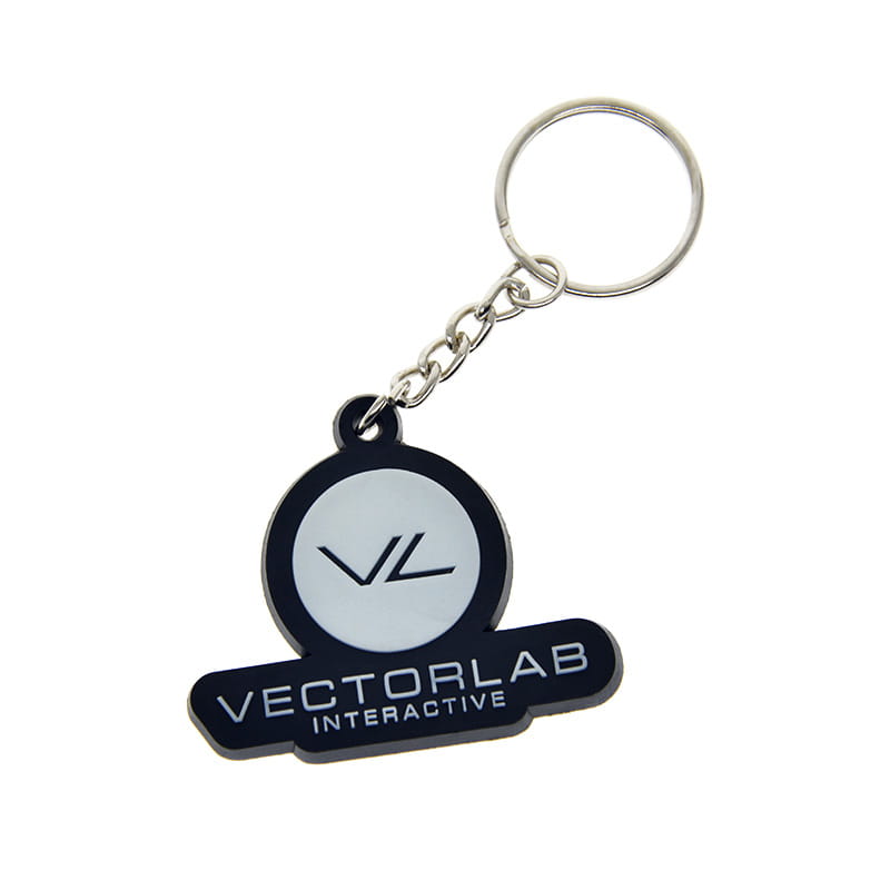 Black and white rubber custom soft PVC keychain with vectorlab interactive logo for personalized key ring use.