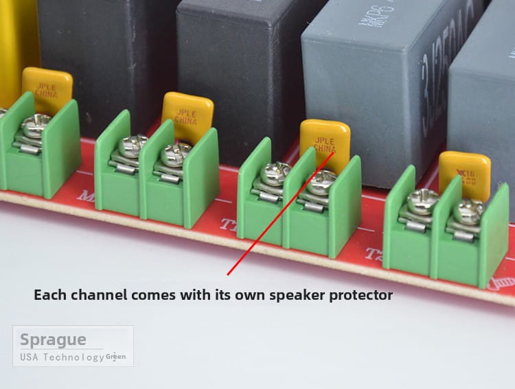 Green plastic 5-way speaker crossover terminal blocks with yellow JPLC China insulators and silver screws branded Sprague for high power KTV stage audio.