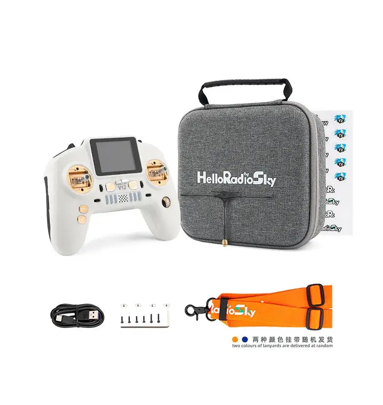 Télécommande V12 blanche et or du transmetteur radio FPV Edgetx FPV Edgetx, avec écran et étui de transport gris, télécommande.