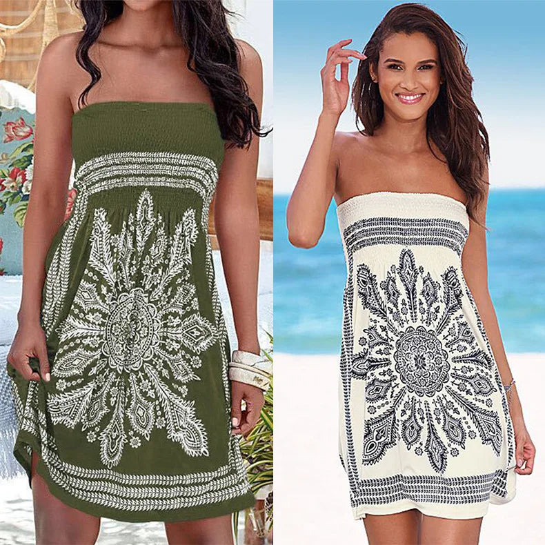 Women Dresses 2025 Spring/Summer New European Fashion Printed Sexy Strapless Dress Women's Clothing Vestidoes