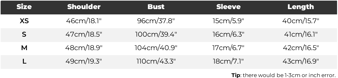 The image displays a size chart for the green striped short sleeve crop shirt listing measurements in centimeters and inches for sizes XS through L.