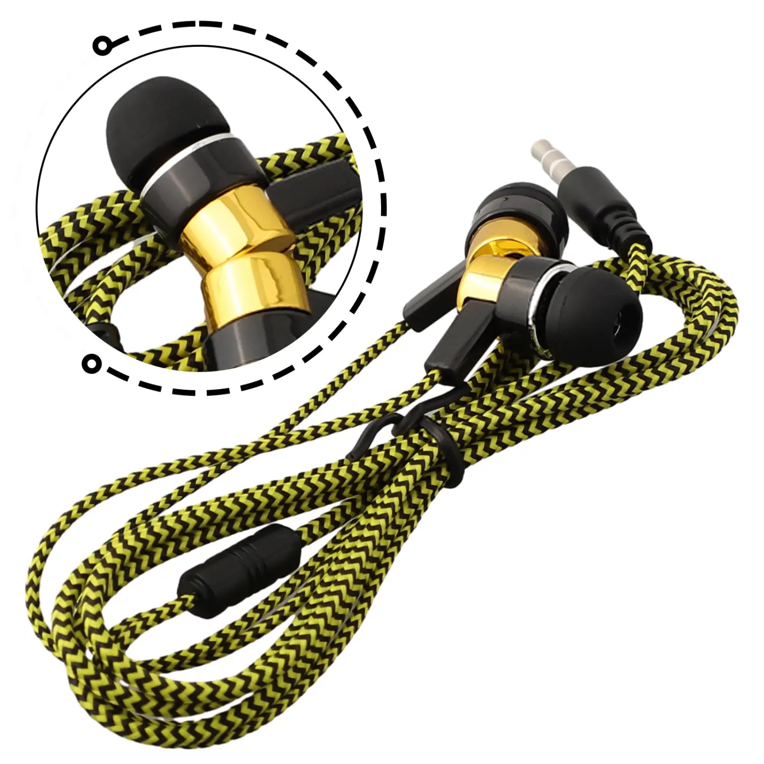 Schwarz-goldene Bass-Stereo-Ohrhörer mit Zickzack-musterartigem gelb-grün geflochtenem Kabel und 3,5-mm-Klinkenstecker
