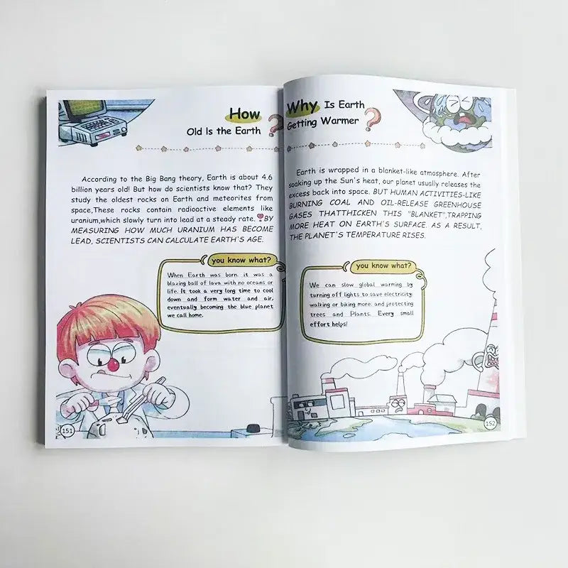 Ein offenes Kinderbildungsbuch aus der Reihe 100000 Whys Kids Science Encyclopedia, mit farbenfrohen Illustrationen und Text, der das Alter der Erde und die globale Erwärmung erklärt.