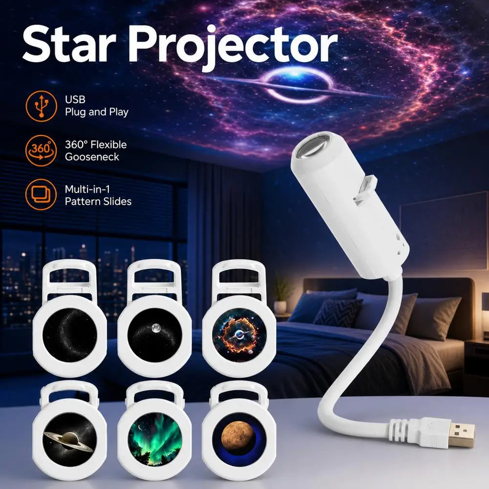 White usb star projector night light with flexible gooseneck and six interchangeable film discs visible from the front angle