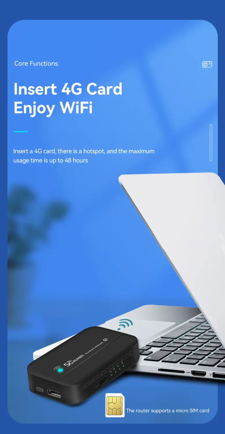 Schwarze rechteckige LTE-Powerbank mit einer Kapazität von 10.000 mAh, mit externem Lade-WLAN-Router mit USB-Anschluss und Steckplatz für eine Micro-SIM-Karte.