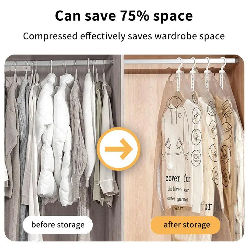 bolsas transparentes de almacenamiento al vacío de plástico hechas de material compuesto pa+pe con diseños de dibujos animados impresos y perchas blancas, para proteger prendas ahorrando espacio
