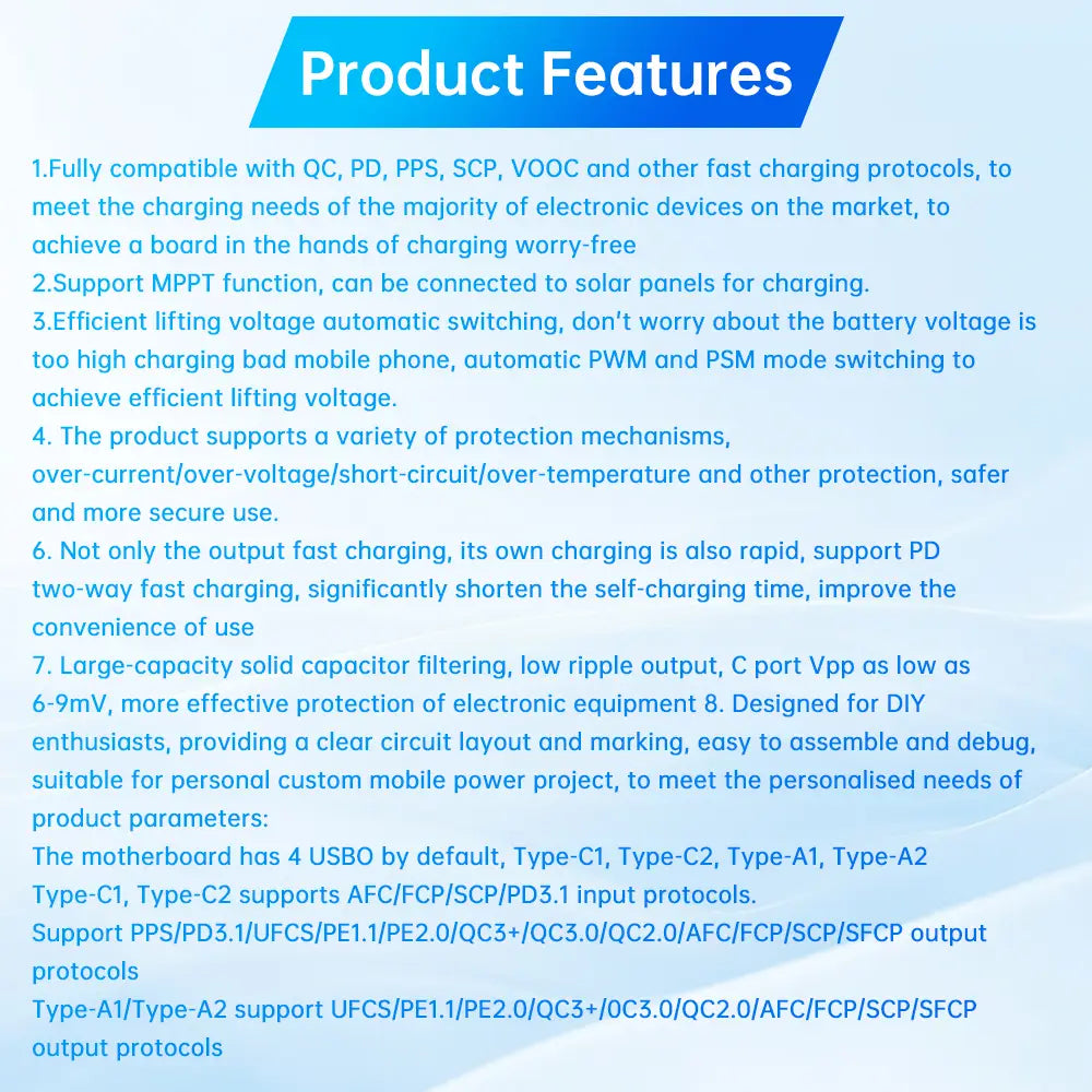 Il s’agit d’un module de carte de circuit imprimé de concentrateur de charge USB à plusieurs ports, comportant 4 ports, dont Type-C et des types standard A/B, conçu pour une compatibilité de charge rapide dans le cadre d’une batterie externe de charge rapide 100 W.