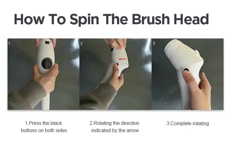 Brosse électrique blanche et noire à rotation avec tête de brosse et longue poignée, dotée d’une conception ergonomique élégante pour un nettoyage efficace.