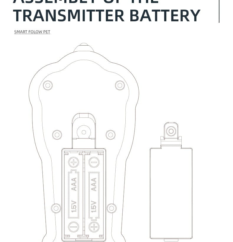 Technical diagram showing the assembly of the transmitter battery housing with two 1.5v aaa batteries for the remote control robotic dog toy featuring a rechargeable battery system.