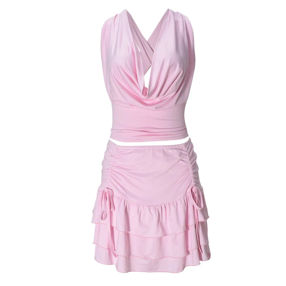 Dress Sets Women Sexy Tops Matching Sets V Neck Tops Spliced Solid Skirts Slim Fit Hollow 2025 Mini Skirt Two Pieces Summer