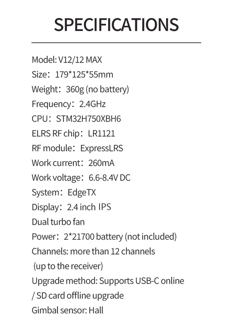 Télécommande du transmetteur radio FPV Edgetx V12 avec écran IPS de 2,4 pouces, double ventilateur turbo et système avancé Edgetx, dans un design noir élégant.