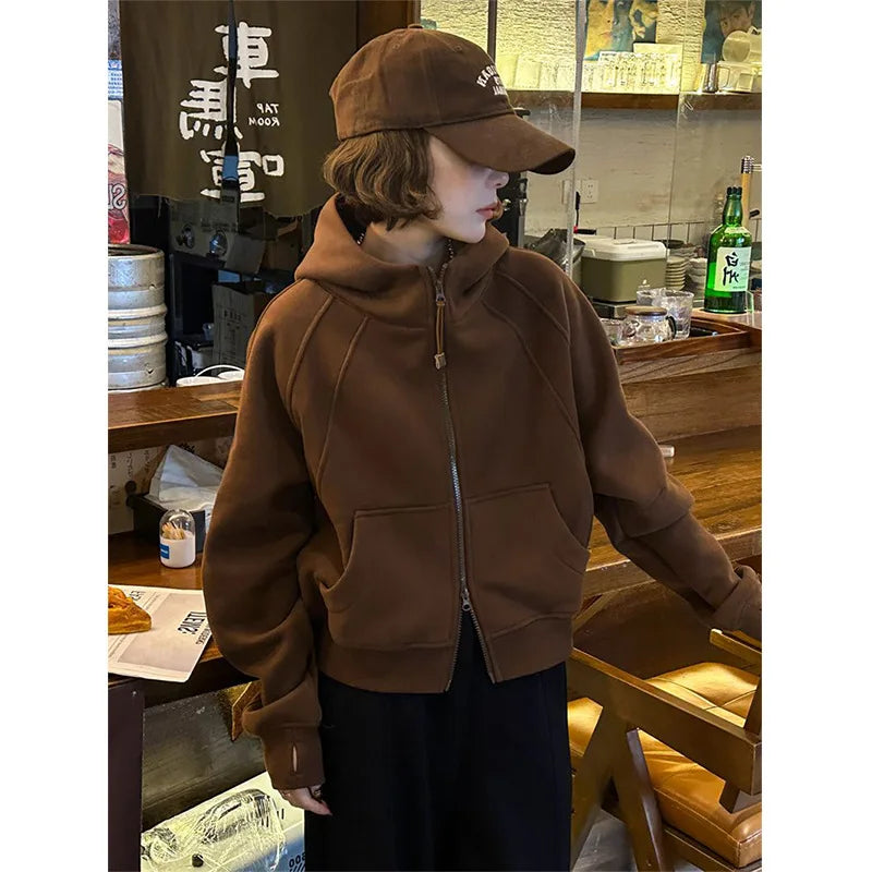 Women Solid Hoodies Fleeced Short Sweatshirts Long Sleeves Hooded Double Zipper Loose Fit Office Lady Elegant Casual 2026 Spring
