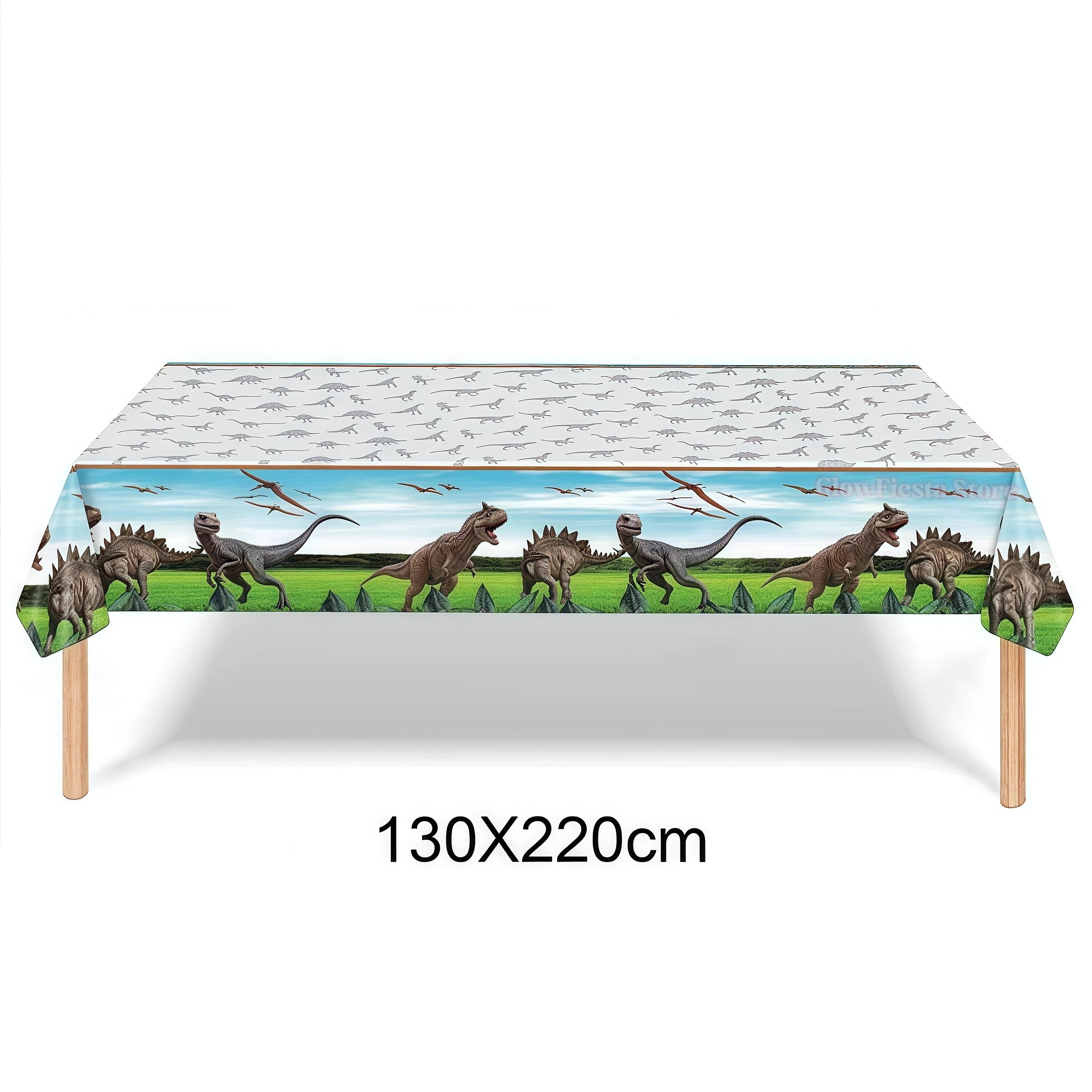 Dinosaur birthday tablecloth party cover featuring a rectangular plastic design with a vibrant dinosaur scene on a green field under a blue sky and smaller dinosaur silhouettes on the white border.