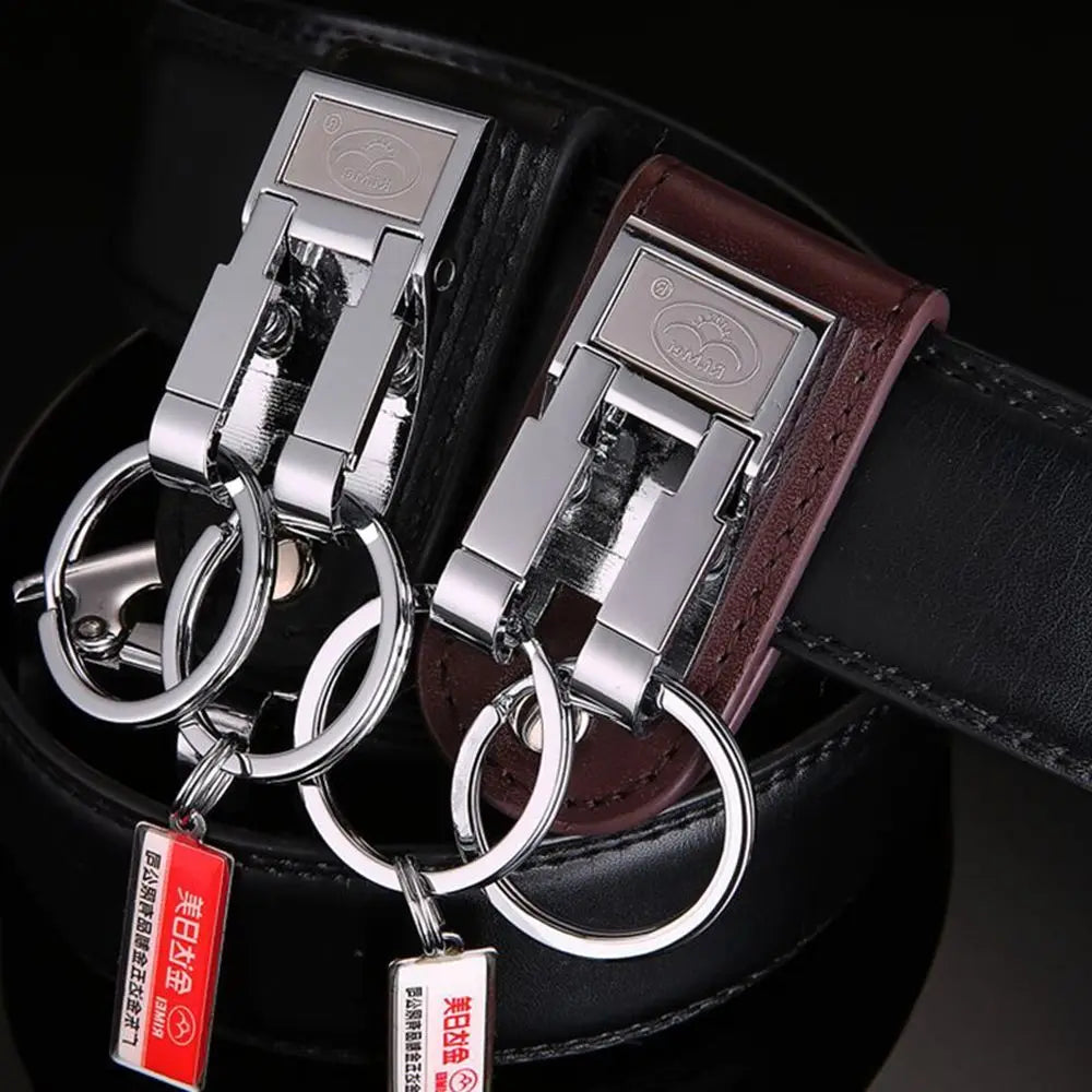 New Stainless Steel Genuine Leather 2 Loops Keychain Key Chain Key Ring Holder