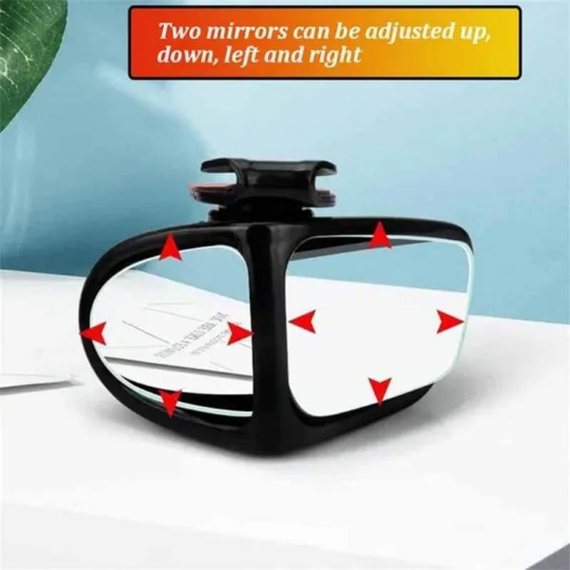 Black adjustable car blind spot mirror with two reflective glass panels and mounting clip shown from the back side for 360 rotation and enhanced safety.
