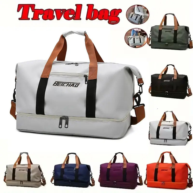 Sac de sport de voyage Beichao gris et brun avec accents noirs, présentant un design bicolore, plusieurs compartiments et réalisé en matériau Oxford durable pour une utilisation en sac weekender duffle de fitness.