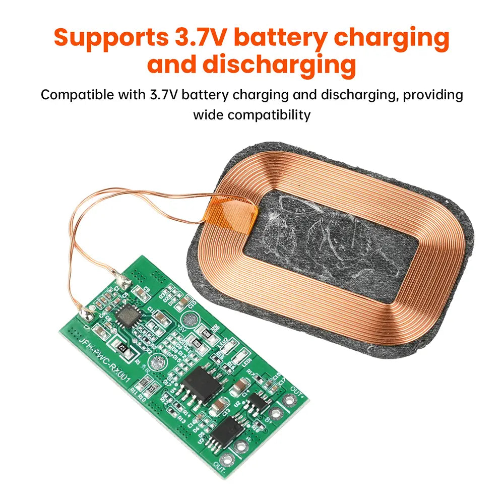 Green circuit board with copper coils and orange wires for 5w wireless charging receiver module designed for 3.7v battery charging and discharging compatibility.