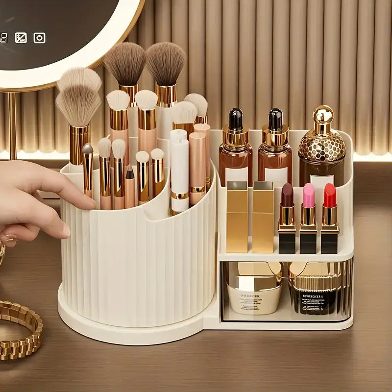 Cream-colored ribbed plastic makeup organizer with gold-toned accents serving as a brush holder and large capacity skincare storage solution.